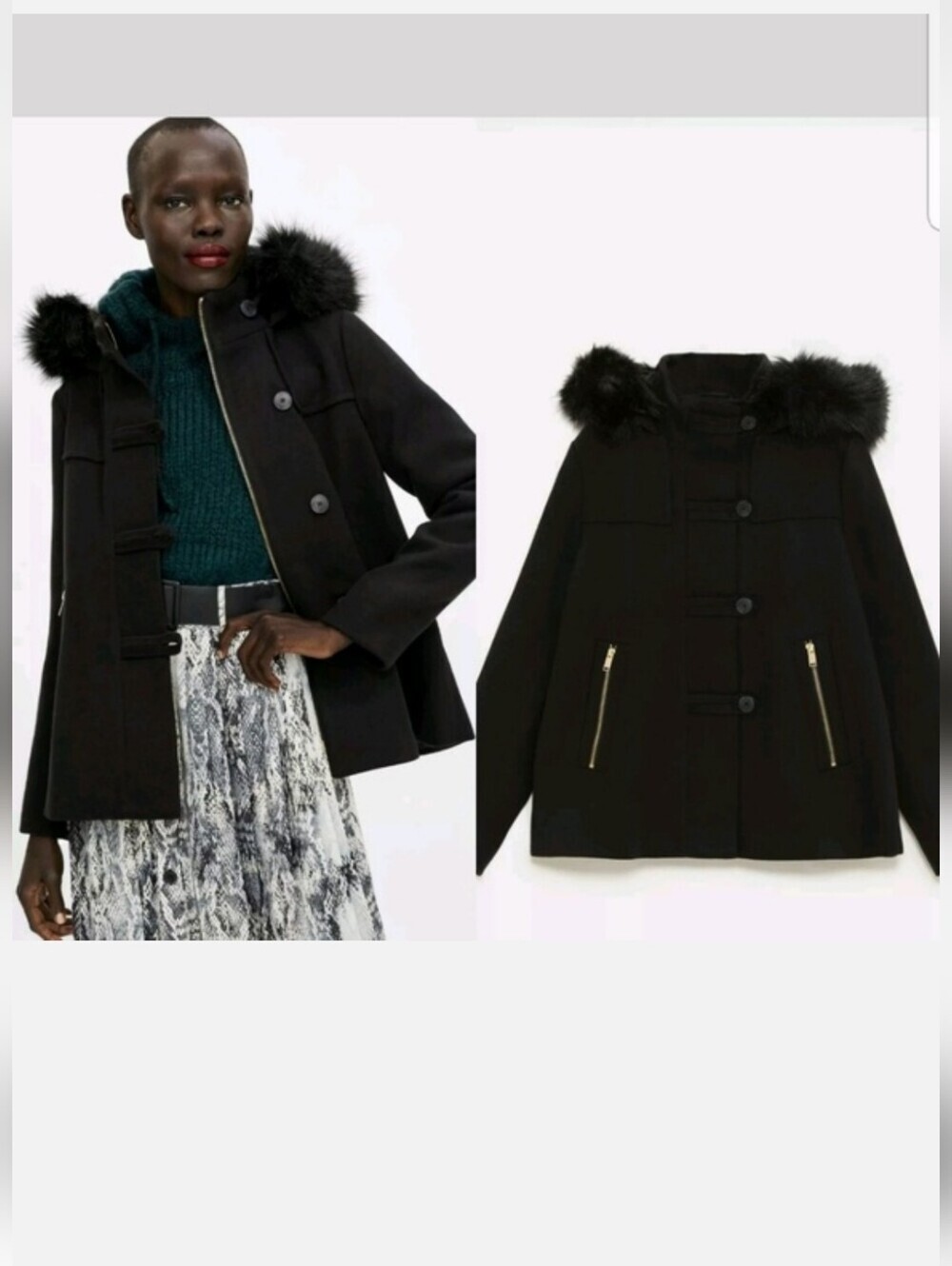 Zara Black Faux Fur-Trim Toggle Pea Coat - Picture 2 of 16